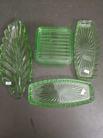 3 Pieces of Depression Glass and Butter Dish