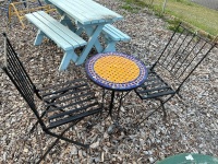 Mosaic and Steel Table with Folding Chairs