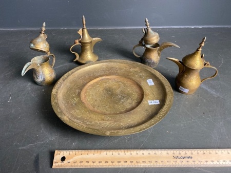 4 Small Vintage Middle Eastern Coffee Pots and Brass Tray