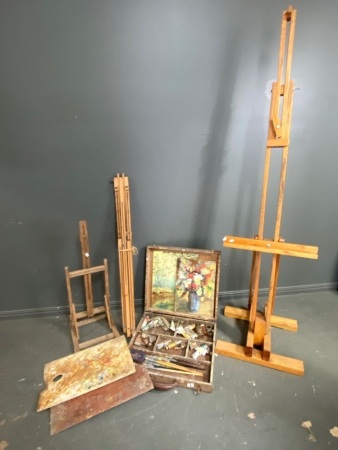 Vintage Art Box full of Mixed Contents with 1 Field Easel and 1 Table Easel