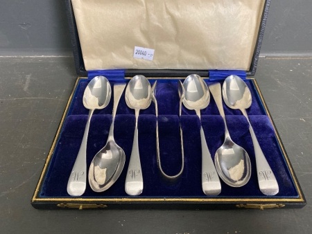 6 Silver Teaspoons with Sugar Cube tongs - Boxed Set