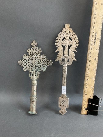 2 Ancient Hand Cast & Cut Ethiopian Orthodox Procession Crosses