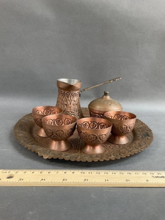 7 Piece Vintage Turkish Beaten Copper Coffee Set