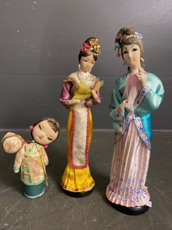 2 Japanese Ladies in silk costumes with Chinese doll in traditional dress