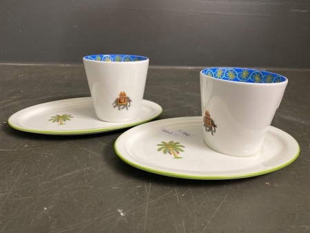 Good Earth Cup and Saucer Set x 2 - Periyar fine bone china, featuring Elephant motif and 24 carat gold detail