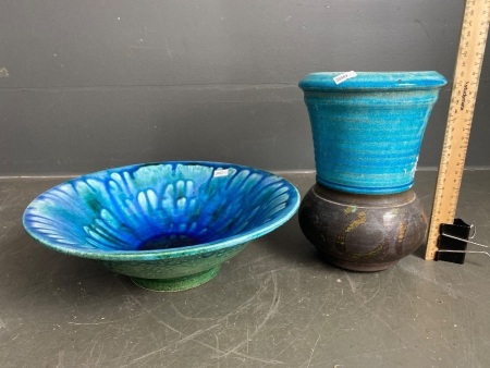 Studio Pottery Glazed Blue & Green Dish with Michael Chanter Vase