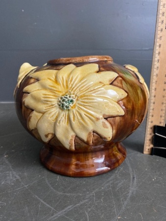 Harvey School Style Lamp base Handmade Pottery with applied Flannel Flower Design