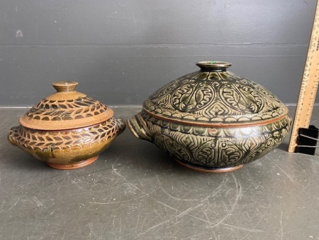 Two PNG Handmade Pottery Lidded Pots