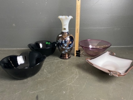 Two Black Glass Bowls, Two Cranberry Glass Bowls and Italian Ruffle Vase