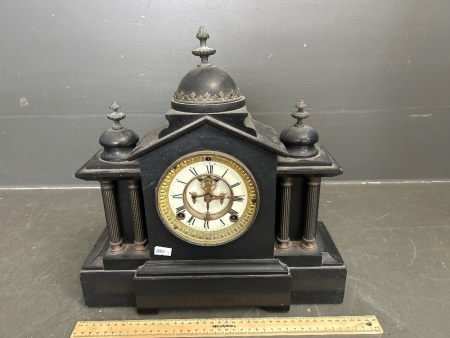 Black Slate Mantle Clock with Brass Fittings - for restoration