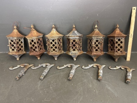 6 Heavy Cast Iron Garden Lanterns + 5 Cast Iron Hangers