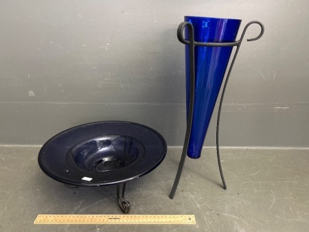 Blue Bubble Glass Dish on Steel Stand + Blue Glass Vase on Stand