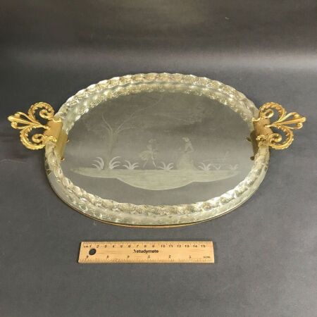 Etched Murano Glass Tray with Gilt Fittings