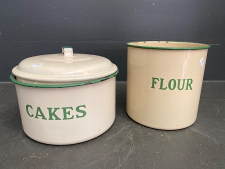 2 Cream/Green Enamel Kitchen Canisters - 1 without lid