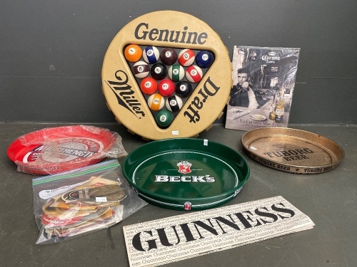 Selection of Barware inc Three Trays, Miller Genuine Draft Pool Ball Display and Coasters