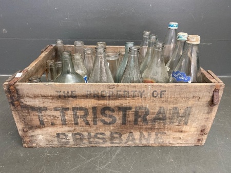 Wooden Tristrams Crate Full of Various Vintage Glass Bottles