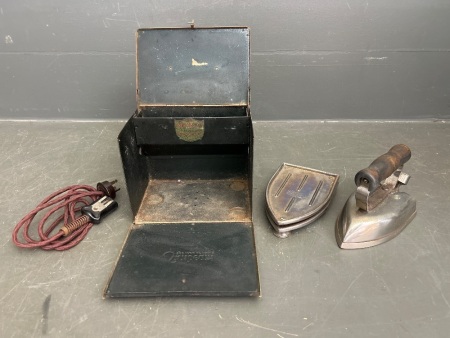 Sunbeam USA Electric Iron in Original Tin Box with Embossed Logo - 1930s