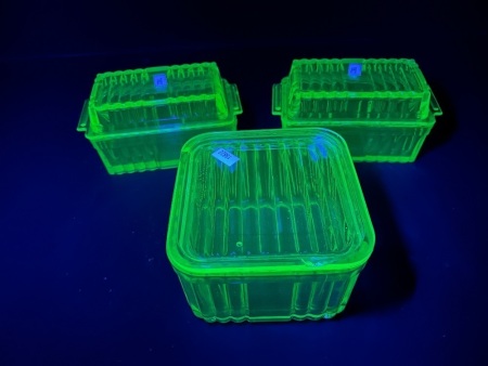 Uranium Glass Collection - 2 Butter dishes & Square dish