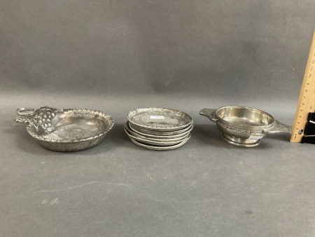 Collection of Antique Italian Pewter Bowl & 6 Coasters + Modern Scottish Pewter Bowl