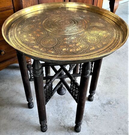 Large Fine Quality Benares Brass Top Table with Folding Stand