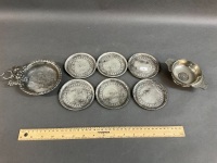 Collection of Antique Italian Pewter Bowl & 6 Coasters + Modern Scottish Pewter Bowl - 6