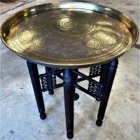 Large Fine Quality Benares Brass Top Table with Folding Stand - 9