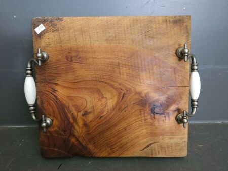 Square Timber Serving Platter with Metal/Porcelain Handles