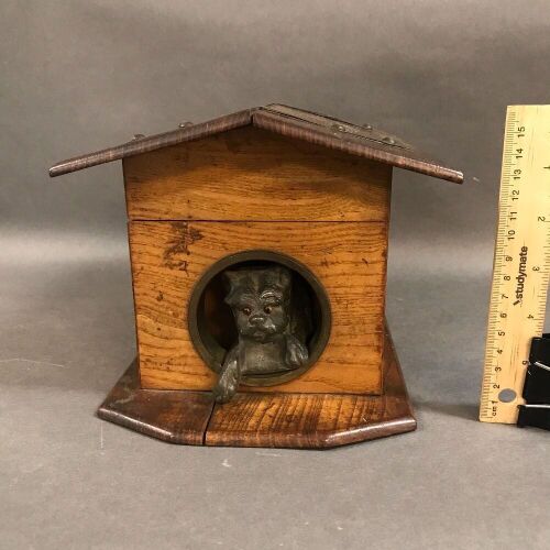 Antique Dog Kennel Trinket Box with Cast Metal Dog
