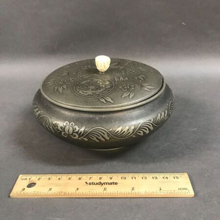 Antique Oriental Pewter Bowl with Ivory Knob