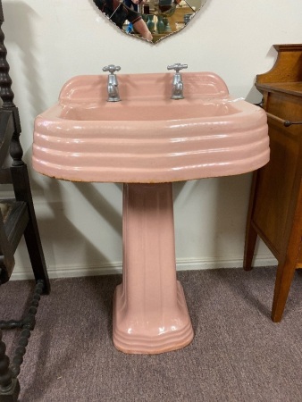 Art Deco Cast Iron and Enamel Wash Basin and Pedestal