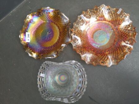 Selection of 3 Glass Bowls/Plates, 1895 Vaseline Basket, Fenton Marygold