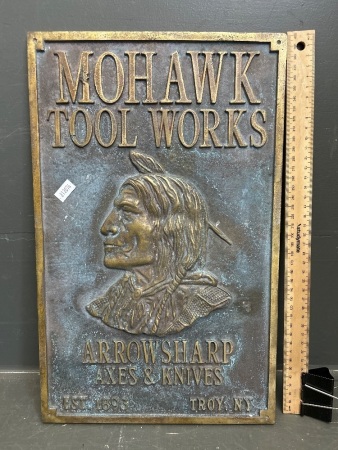 Heavy Mohawk Tool Works Cast Brass Arrow Sharp Axes and Knives Sign