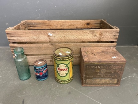 Wooden Crate with Cocoa Tin, Bemax Tin, Two Flour Bag Posters, Suanders Pure Tin, Bengal Chutney Co Glass Bottle 