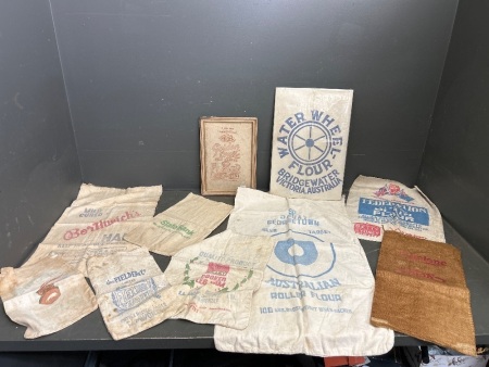 Assortment of Vintage Flour Sacks + Cyclone Hession Bag