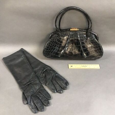 1950's Crocodile Skin Bag and Elbow Length Leather Gloves