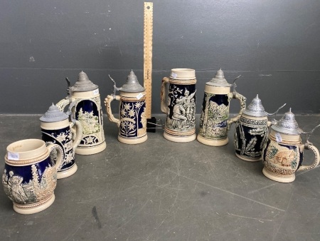 Collection of Vintage Blue and Cream Beer Steins