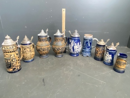 Collection of Vintage Blue, Cream and Brown Beer Steins and Jugs