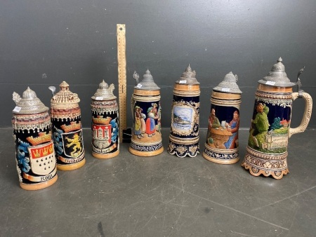 Seven Large Vintage Beer Steins