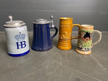 4x Beer Steins - 2 lidded