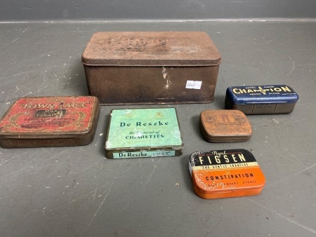 Lot of Vintage Tins inc. Champion Sp[ark Plugs, Figson, Ayesbury Rivets (with rivets), De Reszke etc.