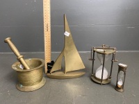 Brass lot of 2 Egg Timers, Mortar and Pestle, Model Ship