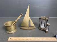 Brass lot of 2 Egg Timers, Mortar and Pestle, Model Ship - 2