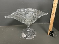 Cut Glass Serving Bowl on Pedestal Compote with Flower Etchings