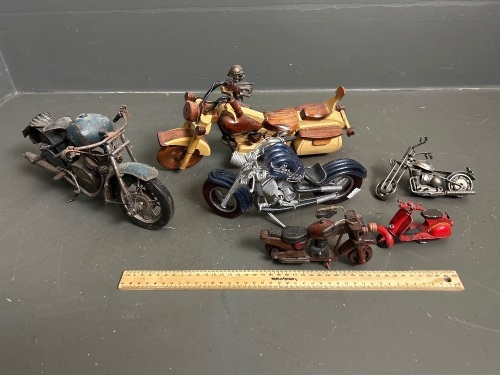 Collection of Toy/Display Motor Bikes (metal, wood, resin) and Metal Man