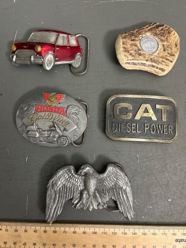 5 Assorted Cast, Brass and Bone Belt Buckles - Honda Goldwing, CAT, Mini etc