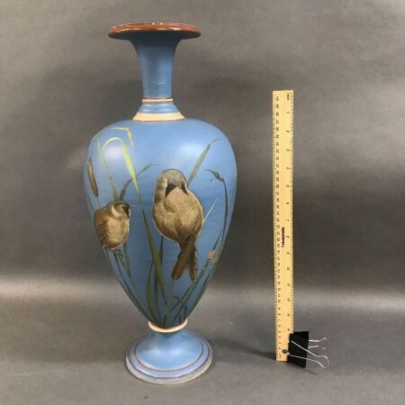 Early Victorian English Vase Incised with Bird Decoration and Painted Bullrushes