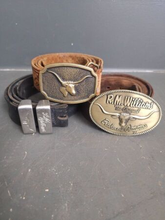 3x R.M. Williams Leather Belts - 2 with Brass Buckles