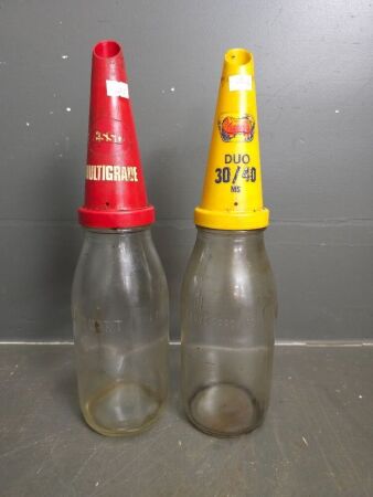 Golden Fleece & Esso Glass Quart Oil Bottles