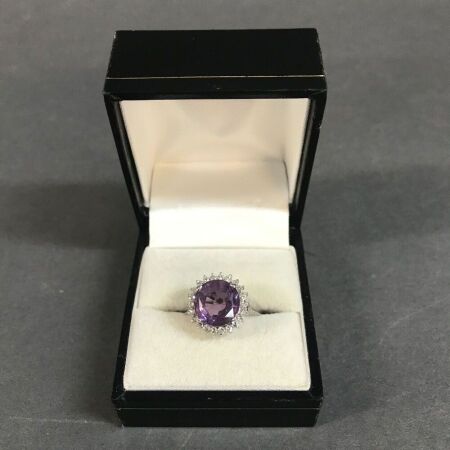 14CT White Gold Amethyst & Diamond Cluster Ring. Valuation of $4895