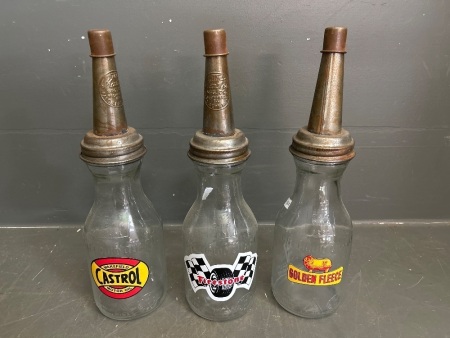 3x 1 Quart Oil Bottles with Tin Pourers and Dust Covers - Castrol, Golden Fleece, Firestone